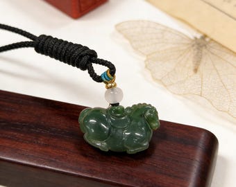 Green Jade Horse with Coin Necklace - 10g Handmade Carving, Chinese Auspicious Amulet