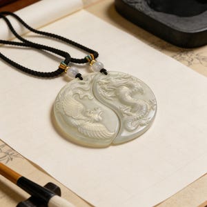 Dragon Phoenix Jade Pendant Set – Serpentine Jade, Love Harmony Symbol image 4