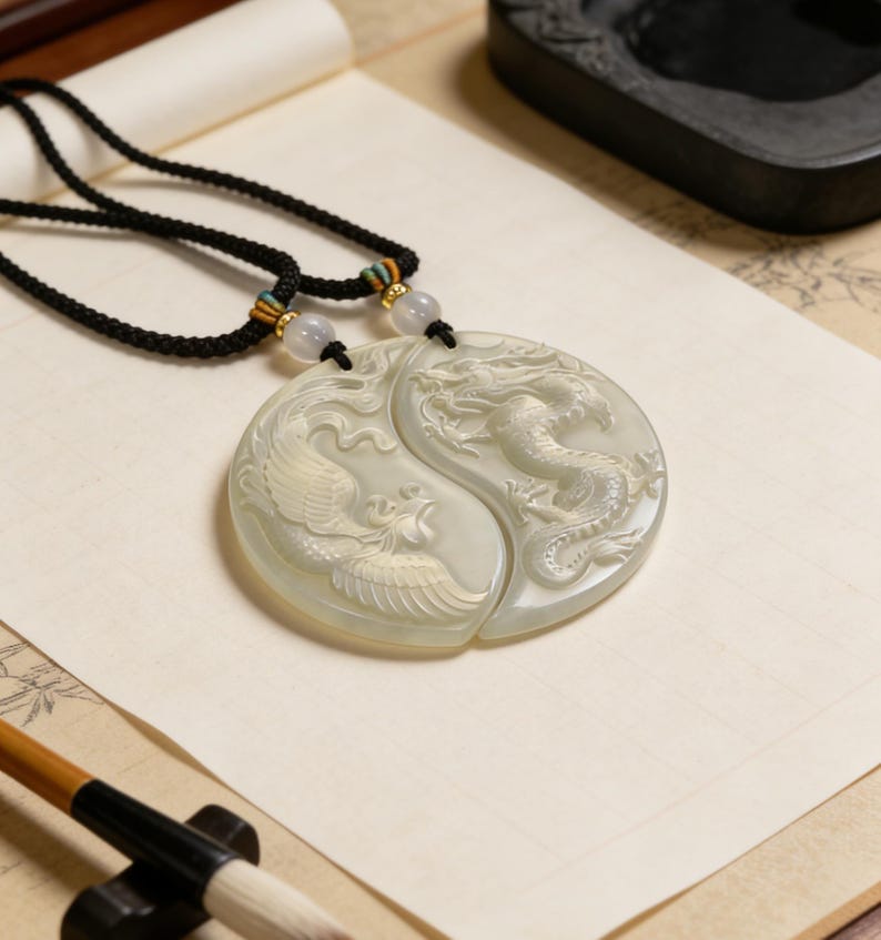 Dragon Phoenix Jade Pendant Set – Serpentine Jade, Love Harmony Symbol image 4