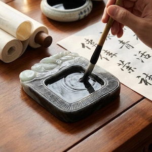 Nephrite Jade Brush Washer, Flower Blossom Desk Decor, 231.66g Chinese Scholar Art