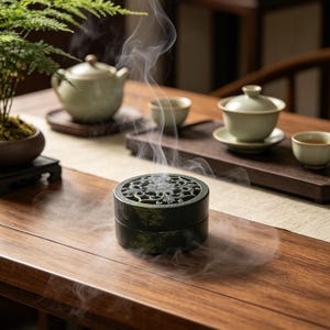 Geschnitzte Jade Aromatherapie-Box - 104g grüner Nephrit, traditioneller chinesischer Gelehrter Räucherstäbchenhalter Bild 6