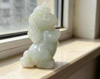 White Jade Unicorn Sculpture - 30.7g Natural Nephrite, Mythical Creature Figurine, Fantasy Home Decor