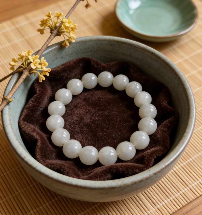 May include: A white beaded bracelet rests in a ceramic bowl lined with brown fabric. The bracelet is composed of round, opaque beads. A sprig of yellow flowers and a small green dish are in the background.