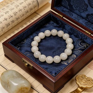 May include: A white beaded bracelet rests inside a dark wooden box with a blue satin lining. The box is open, revealing the bracelet's circular arrangement. A scroll and a stone are also visible.