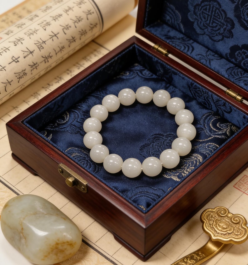 May include: A white beaded bracelet rests inside a dark wooden box with a blue satin lining. The box is open, revealing the bracelet's circular arrangement. A scroll and a stone are also visible.