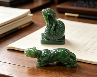 Green Jade Leopard & Cobra Sculptures - 49.13g / 86.67g Natural Nephrite, Hand Carved Animal Figurines