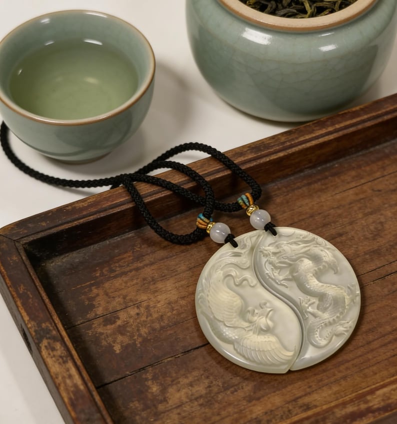 Dragon Phoenix Jade Pendant Set – Serpentine Jade, Love Harmony Symbol image 10