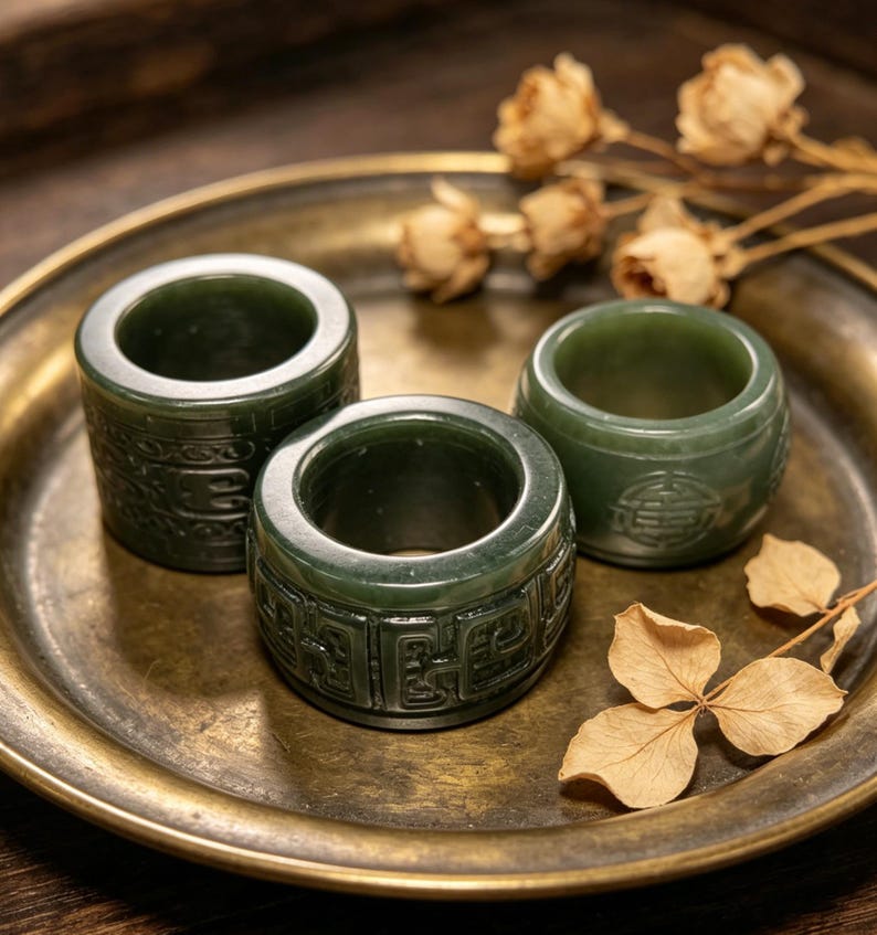 May include: Three dark green jade rings with carved patterns rest on a gold-coloured metal tray. The rings are cylindrical with detailed carvings. Dried flowers and leaves are arranged around the rings, creating a natural aesthetic.