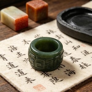 May include: A dark green jade ring with carved geometric patterns, on a cream cloth with black calligraphy. Beside it are a black ink stone and two stone seals. The ring is a deep forest green.