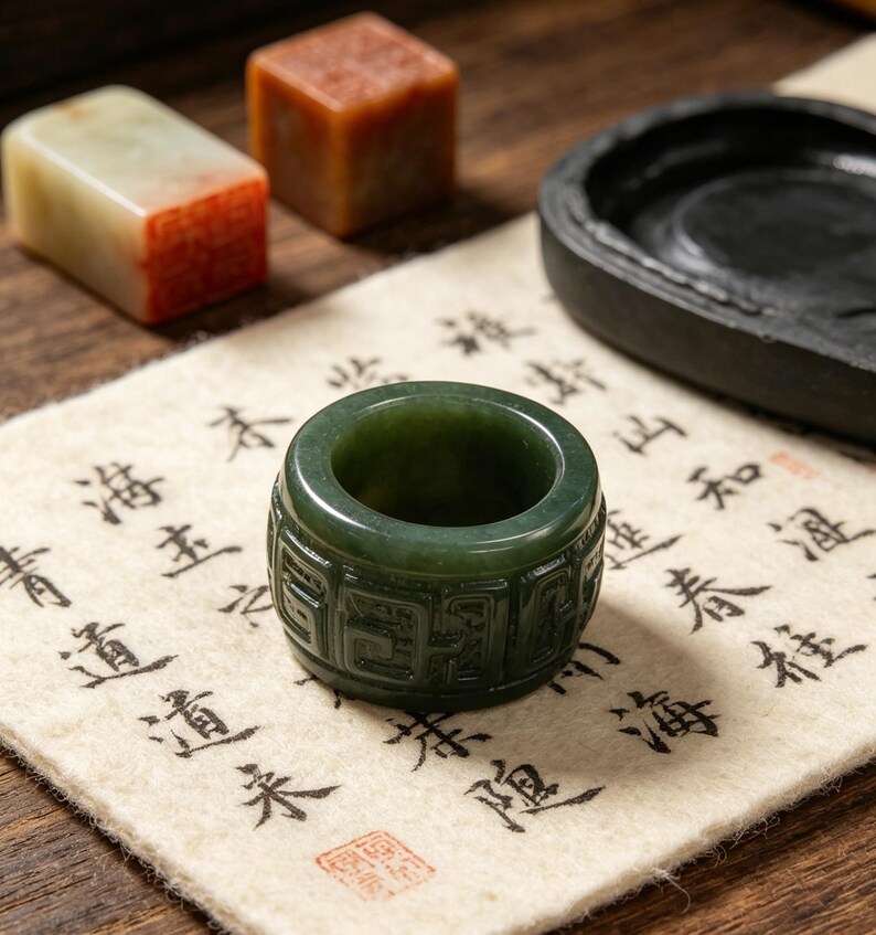 May include: A dark green jade ring with carved geometric patterns, on a cream cloth with black calligraphy. Beside it are a black ink stone and two stone seals. The ring is a deep forest green.