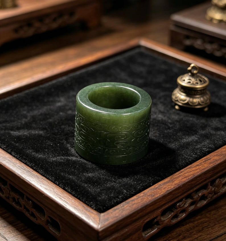 May include: A dark green jade ring with carved decorative patterns. The ring is cylindrical with a smooth, polished surface. It sits on a black velvet surface within a wooden tray. A small, ornate metal incense burner is in the background, suggesting a display setting.