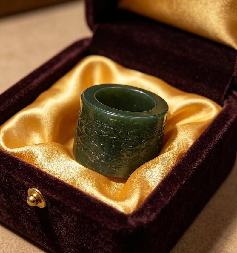 May include: A dark green jade ring with detailed carvings, displayed in a burgundy velvet box with a gold satin lining. The ring features intricate patterns, demonstrating artistry and craftsmanship. The box is secured with a small gold clasp.