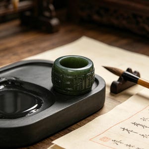 Dark Green Nephrite Jade Archer Ring, Hand Carved Thumb Ring, Chinese Collector Jewelry image 12