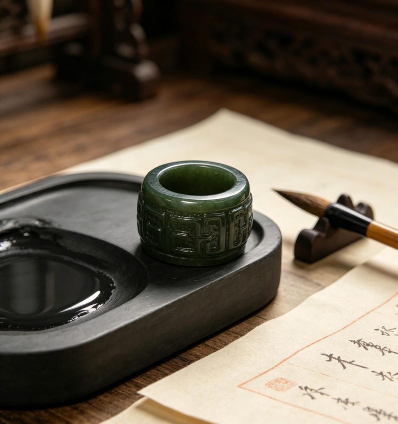 Dark Green Nephrite Jade Archer Ring, Hand Carved Thumb Ring, Chinese Collector Jewelry image 12