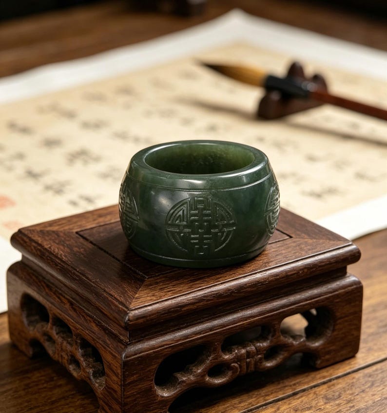 May include: A dark green jade ring with carved symbols sits on a small, dark wooden stand. The ring is cylindrical with a smooth, polished surface. The stand has a square top and ornate, carved sides. A calligraphy brush and paper are in the background.