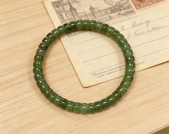 Dainty Flat Disc Jade Bracelet - 6mm Green Nephrite Beads, Minimalist Stackable Bracelet, Unisex Gift
