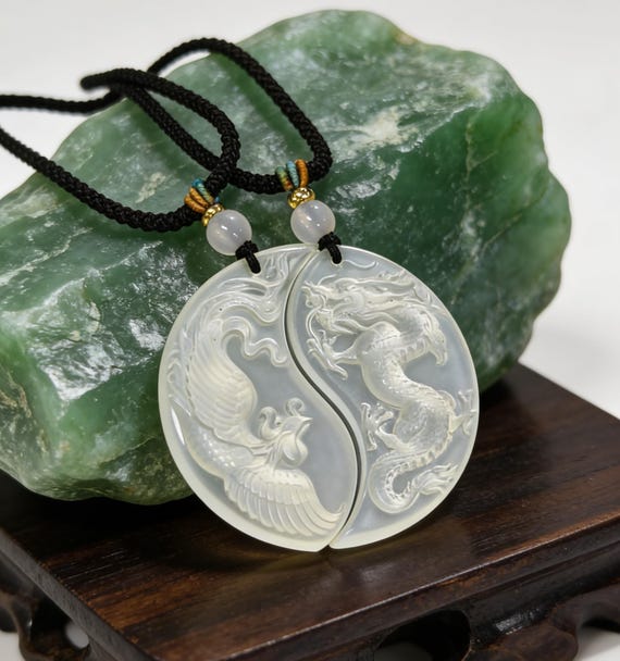 Dragon Phoenix Jade Pendant Set – Serpentine Jade, Love Harmony Symbol
