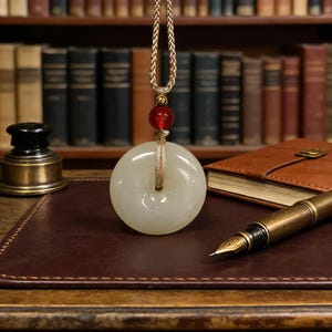 May include: A round, off-white jade pendant with a central hole, suspended by a gold-colored cord and a red bead. The pendant is displayed on a brown leather surface, with a pen, notebook, and inkwell in the background.