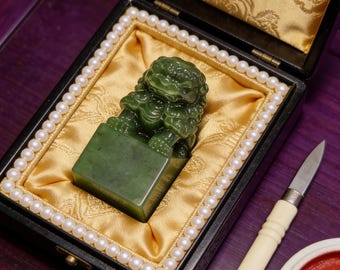 Meticulously Carved Jade Lion Seal ~ 35g / ~20g Green Jasper Stamp, Scholar‘s Desk Artifact