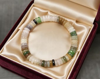 Multi-Color “Medicine Tablet” Jade Bracelet - 8mm Beads, 25.5g, Stackable Nephrite Jewelry