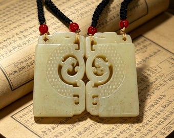 Pair of Archaic Jade Pendants - 66.25g Yellow-Green Nephrite, Traditional Chinese Couple‘s Gift