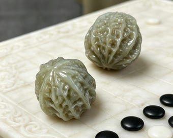 Pair of Sugar-White Jade Walnuts , ~56g Each, Hand Carved Nephrite, Scholar‘s Hand Piece