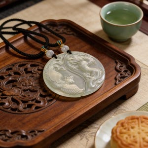 Dragon Phoenix Jade Pendant Set – Serpentine Jade, Love Harmony Symbol image 11