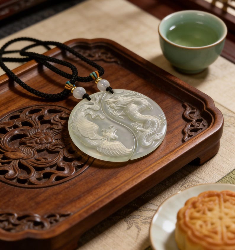 Dragon Phoenix Jade Pendant Set – Serpentine Jade, Love Harmony Symbol image 11