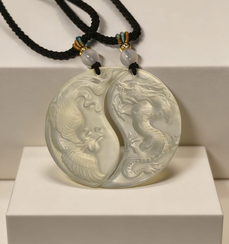 Dragon Phoenix Jade Pendant Set – Serpentine Jade, Love Harmony Symbol image 6