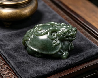 Large Green Nephrite Dragon Turtle - Heavy Jade Statue, Auspicious Feng Shui Art