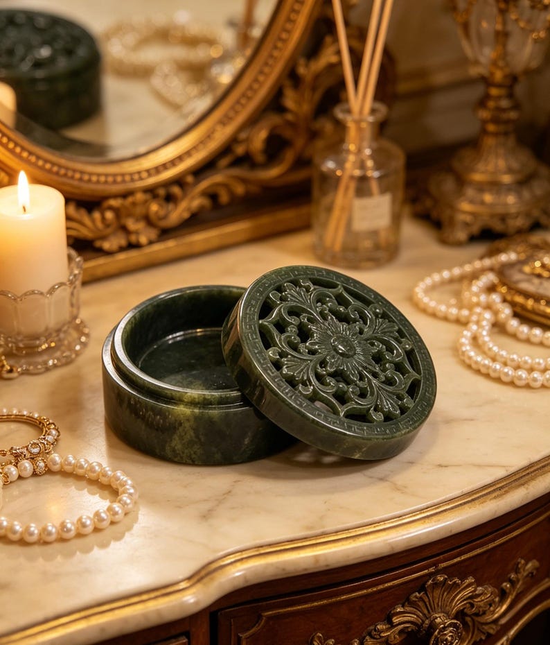 K&ouml;nnte beinhalten: Eine offene, dunkelgr&uuml;ne Jade-Box mit einem Deckel mit filigranem floralem Design. Die Box steht auf einer Marmoroberfl&auml;che, mit einer brennenden Kerze und Schmuck im Hintergrund. Die Box ist ein dekorativer Gegenstand.