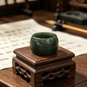 Dark Green Nephrite Jade Archer Ring, Hand Carved Thumb Ring, Chinese Collector Jewelry image 7