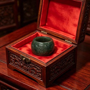 May include: A dark green jade ring with carved symbols sits within an open, ornate wooden box lined with red velvet. The box features intricate carvings and a brass clasp. The ring is the focal point, showcasing the craftsmanship and cultural significance.
