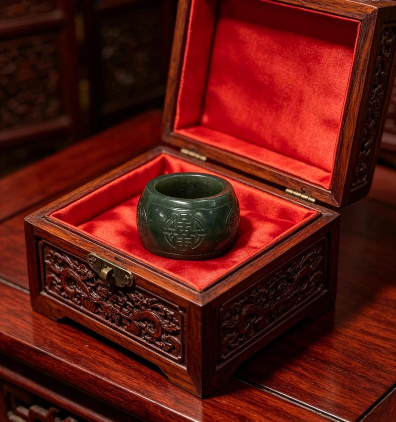 May include: A dark green jade ring with carved symbols sits within an open, ornate wooden box lined with red velvet. The box features intricate carvings and a brass clasp. The ring is the focal point, showcasing the craftsmanship and cultural significance.