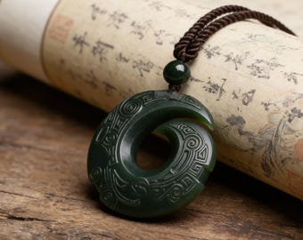Rotating Good Luck Jade Pendant, Nephrite Carving, Auspicious Feng Shui Amulet