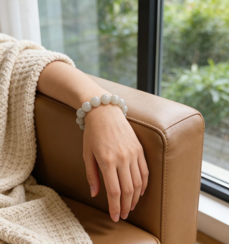May include: A light green beaded bracelet with large, round beads. The bracelet is worn on a person's wrist, resting on a brown leather armchair. A cream-colored knitted blanket is draped over the arm of the chair.