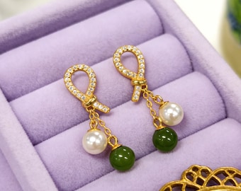 Oriental Pearl Jade Stud Earrings - 2.32g Sterling Silver Setting, Jasper & Pearl, Minimalist Gift