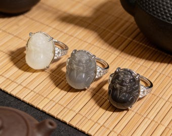 Pixiu Guardian Ring for Women - Sterling Silver Ring with Nephrite Jade, ~7g
