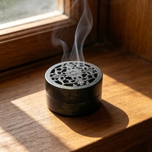 May include: A round, dark green incense burner with a decorative silver filigree lid, emitting wisps of smoke. The burner sits on a wooden surface near a window, creating a serene ambiance. The intricate design adds an elegant touch.