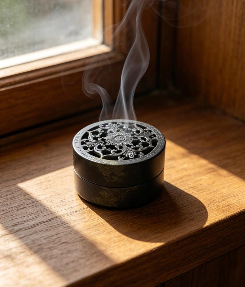 K&ouml;nnte beinhalten: Ein runder, dunkelgr&uuml;ner R&auml;uchergef&auml;&szlig; mit einem dekorativen silbernen Filigran-Deckel, der Rauchschwaden abgibt. Der Brenner steht auf einer Holzoberfl&auml;che in der N&auml;he eines Fensters und erzeugt eine ruhige Atmosph&auml;re. Das aufwendige Design verleiht Eleganz.