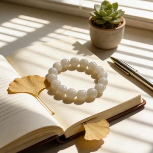 May include: A white beaded bracelet rests on an open book with a gold leaf bookmark. A small potted succulent and a pen are also visible. The scene is lit by sunlight, creating shadows.