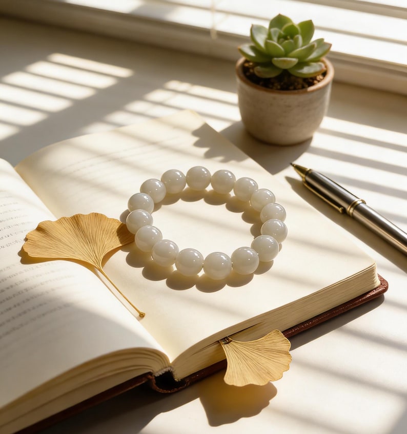 May include: A white beaded bracelet rests on an open book with a gold leaf bookmark. A small potted succulent and a pen are also visible. The scene is lit by sunlight, creating shadows.