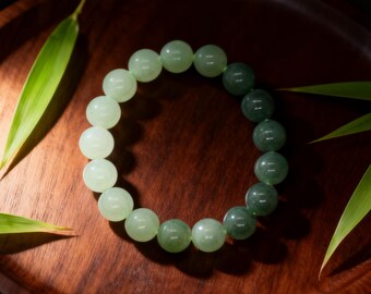 Ombre Jade Bracelet - White to Green Gradient Nephrite, 12mm Beaded Healing Stone Bracelet, 45.57g