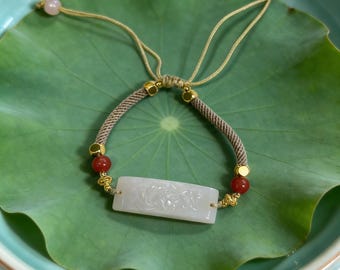Nephrite Handmade Bracelet with Carved Lotus Plaque, - 10g, Zen Style