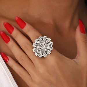 Mandala Silver Statement Ring: Boho Dot Pattern Jewelry, Ethnic Tribal Adjustable Rings