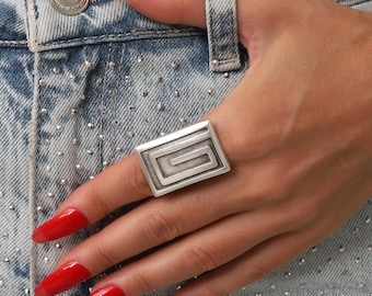 Chunky Geometric Silver Statement Ring, Bold Retro Rectangle Jewelry, Vintage Inspired Adjustable Ring