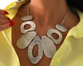Silver Statement Boho Women Geometric Necklace: Big Pendant Jewelry , Hammered Necklace