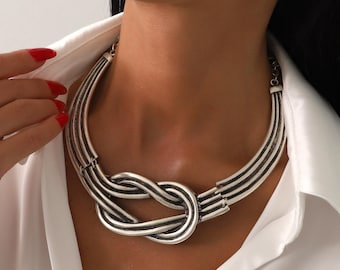Chunky Silver Knot Necklace: Statement Boho Necklace For Women, Modern Art Jewelry