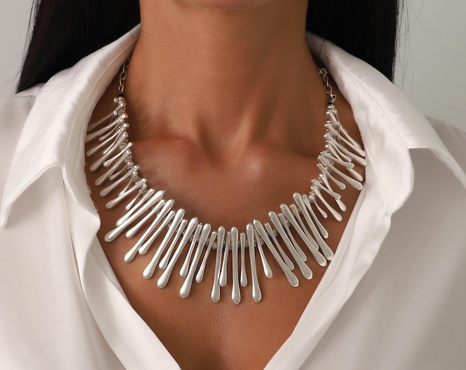 Silver Drop Statement Necklace: Boho Chunky Vintage Jewelry