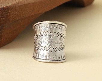 Boho Wide Silver Band Ring: Tribal Statement Jewelry, Engraved Adjustable Women Ring